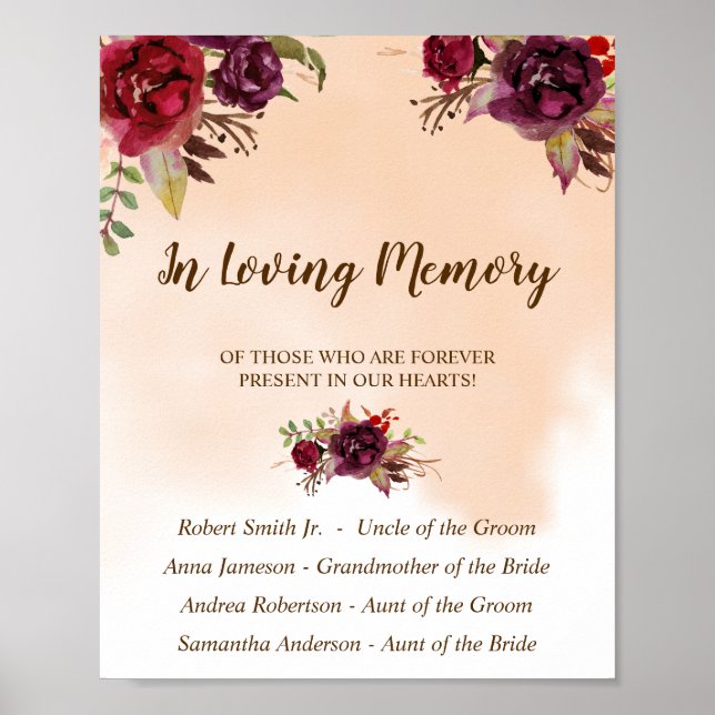 In Loving Memory Burgundy Flowers Wedding Sign (Front)