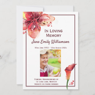 In Loving Memory Calla Lily Funeral Announcement