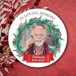 In Loving Memory Christmas Wreath Grandpa Photo Classic Round Sticker