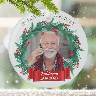 In Loving Memory Christmas Wreath Grandpa Photo Glass Tree Decoration