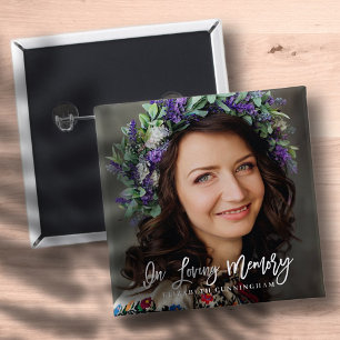 In Loving Memory Cursive Custom Photo Memorial 15 Cm Square Badge