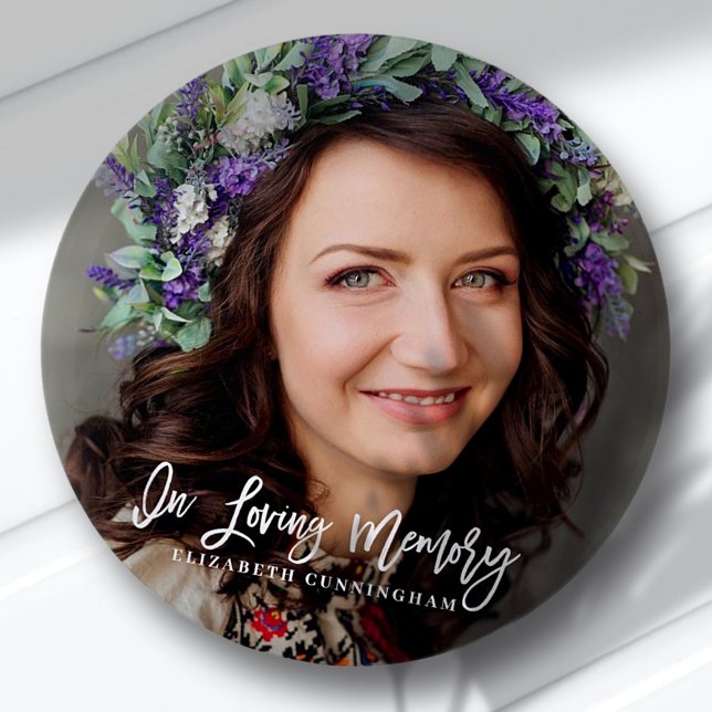 In Loving Memory Cursive Custom Photo Memorial 6 Cm Round Badge (Creator Uploaded)