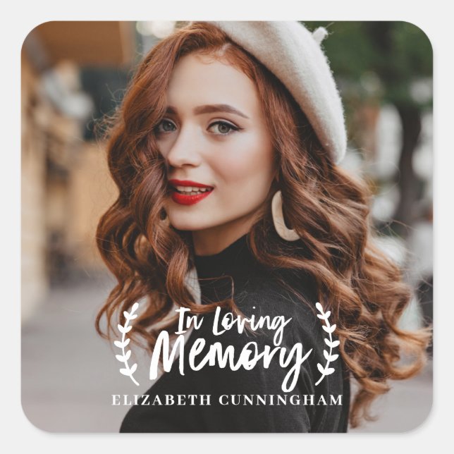 In Loving Memory Cursive Foliage Photo Memorial Square Sticker (Front)
