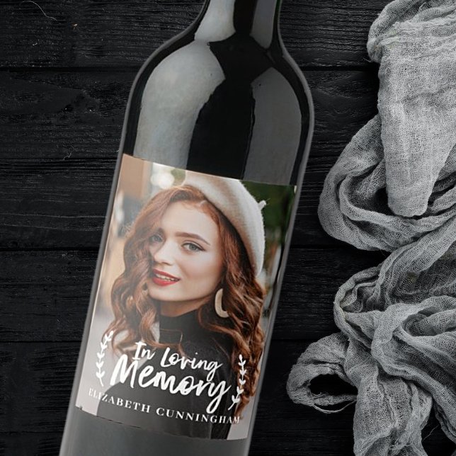 In Loving Memory Cursive Foliage Photo Memorial Wine Label (Creator Uploaded)