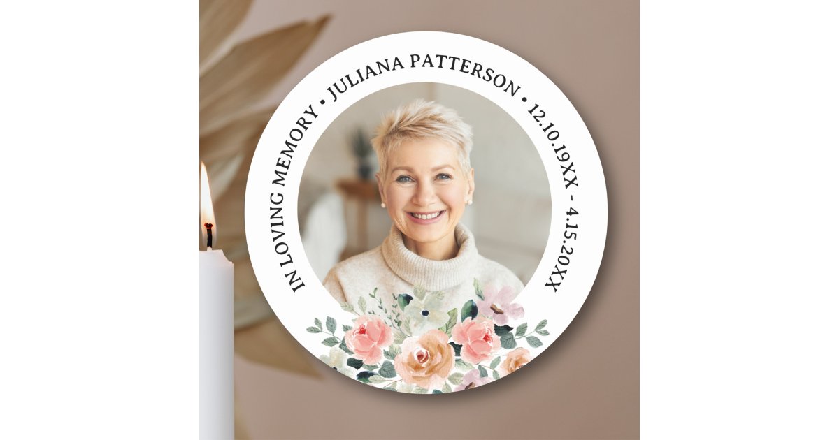 Funeral Sticker Frame In loving Memory Custom Photo Floral Funeral Classic Round Sticker | Zazzle