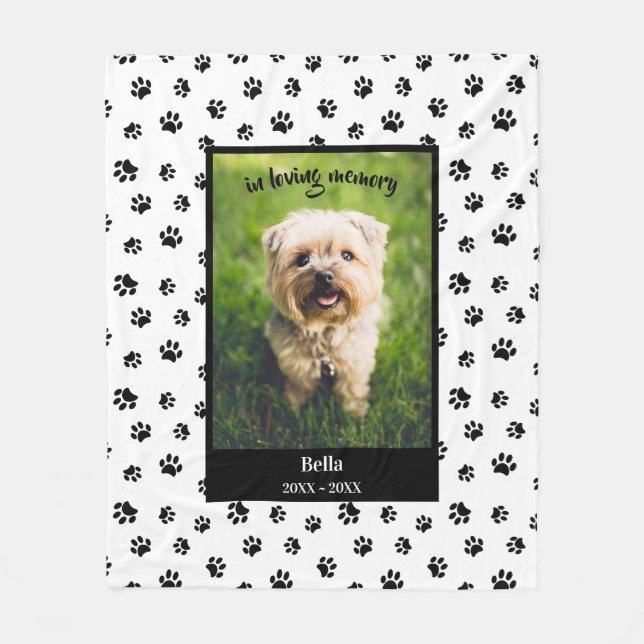 In Loving Memory Dog Photo Black Paw Prints Fleece Blanket (Front)