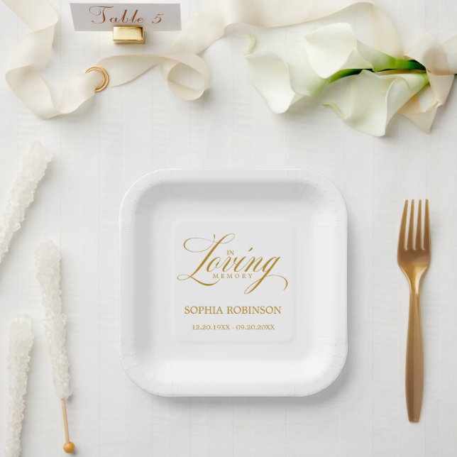 In Loving Memory Elegant Gold Script Funeral  Paper Plate (Wedding)