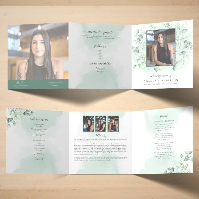 In Loving Memory Eucalyptus Greenery Services Tri-Fold Card (Creator Uploaded)