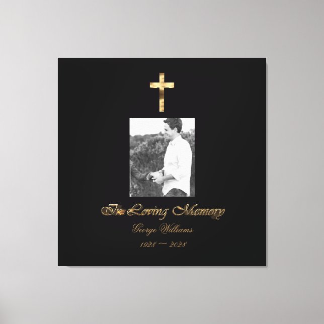 In Loving Memory Faux Gold Cross Add Photo Canvas Print (Front)