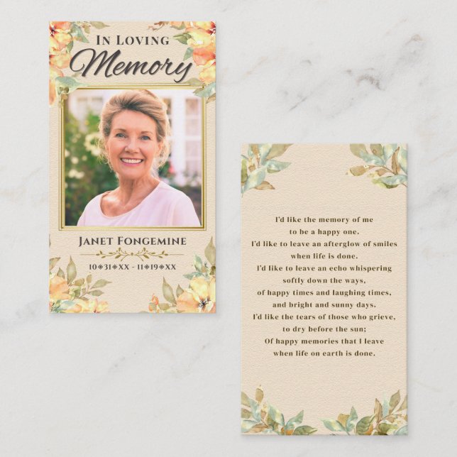 In Loving Memory Floral Photo Funeral Prayer Card (Front/Back)