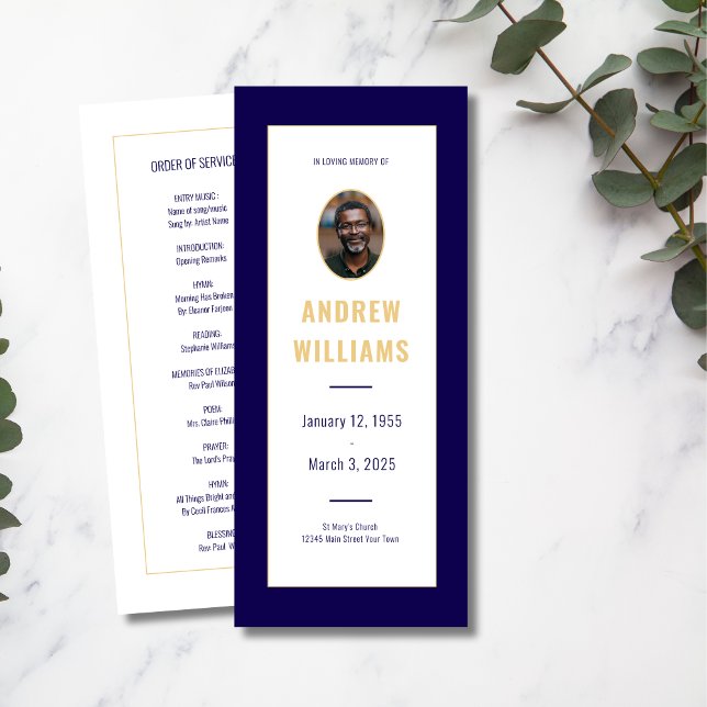 In Loving Memory Funeral Photo Program Navy Gold  Invitation (Creator Uploaded)