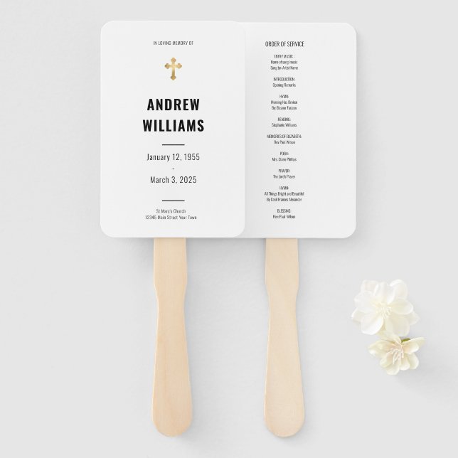 In Loving Memory Funeral Program Black White Hand Fan (Front and Back)