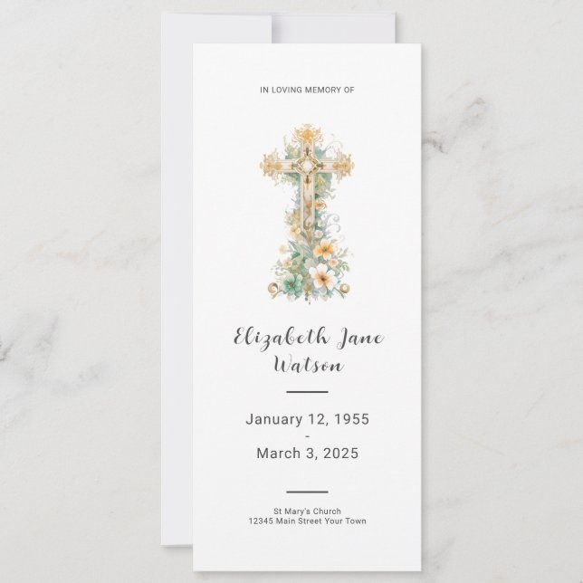 In Loving Memory Funeral Program Floral Cross  Invitation (Front)