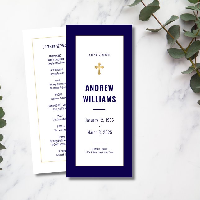 In Loving Memory Funeral Program Navy & Gold  Invitation (Creator Uploaded)