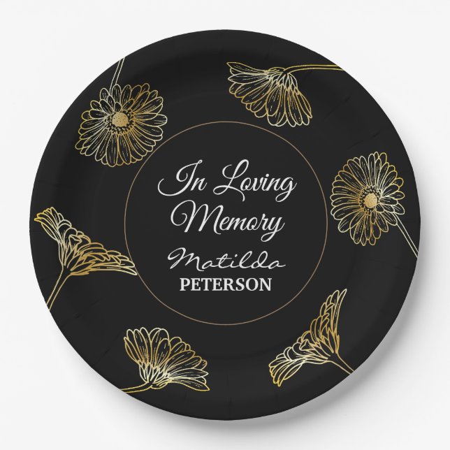 In Loving Memory Gold Flowers Funeral  Paper Plate (Front)