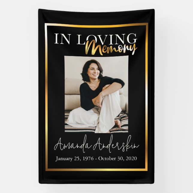 In Loving Memory Gold Funeral Memorial Photo Banner (Vertical)