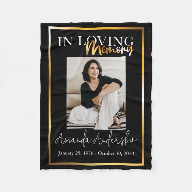 In Loving Memory Gold Funeral Memorial Photo Fleece Blanket (Front)