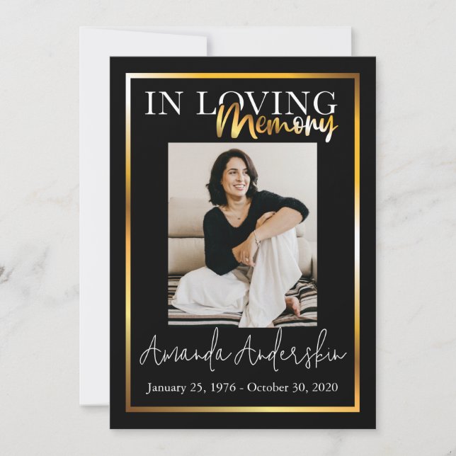 In Loving Memory Gold Funeral Memorial Photo Invitation (Front)