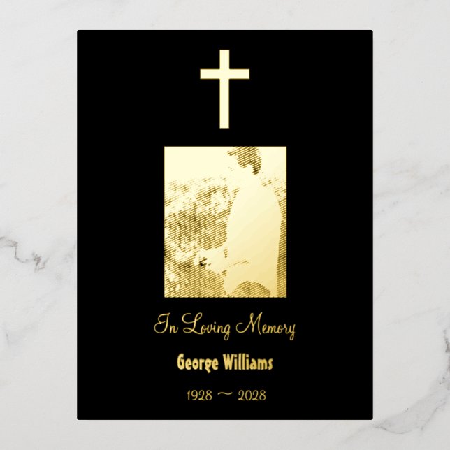 In Loving Memory Golden Cross Death Anniversary Foil Holiday Postcard (Front)