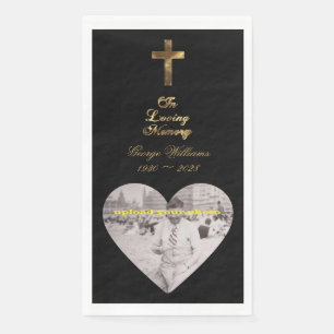 In Loving Memory Golden Cross Heart Shape Photo Napkin