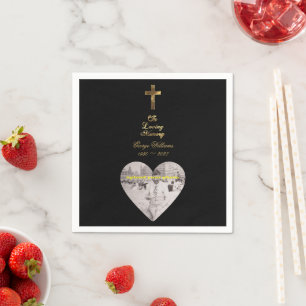 In Loving Memory Golden Cross Heart Shape Photo Napkin