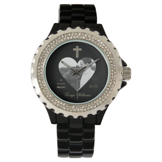 In Loving Memory Golden Cross Heart Shape Photo Watch (Front)