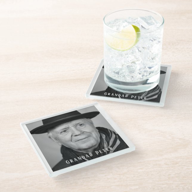 In Loving Memory Grandad  Black White Photo  Glass Coaster (Angled)