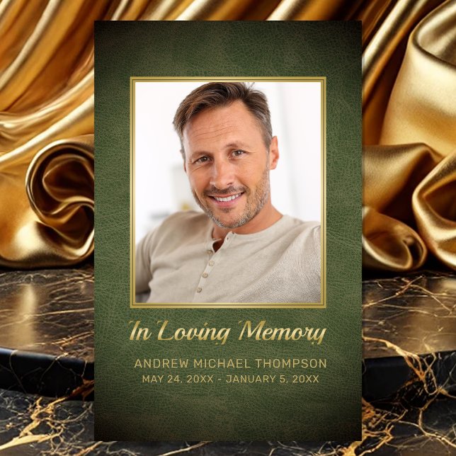 In Loving Memory Green Gold Photo Funeral Card (Sympathy Green Faux Leather In Loving Memory Photo Funeral Card with Custom Poem)