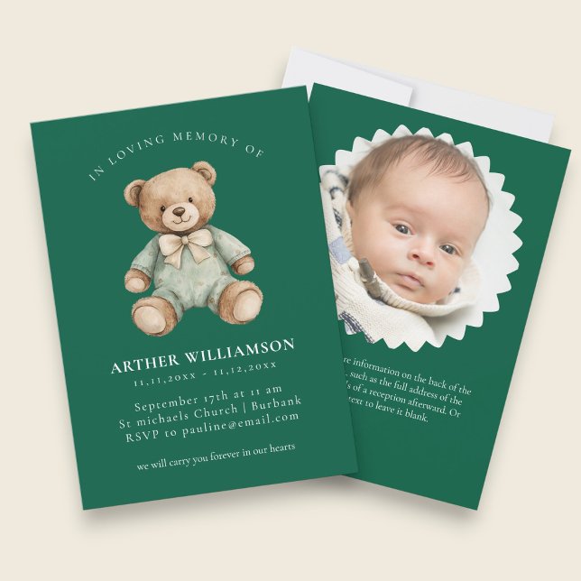 In loving memory green teddy child funeral  invitation (Creator Uploaded)
