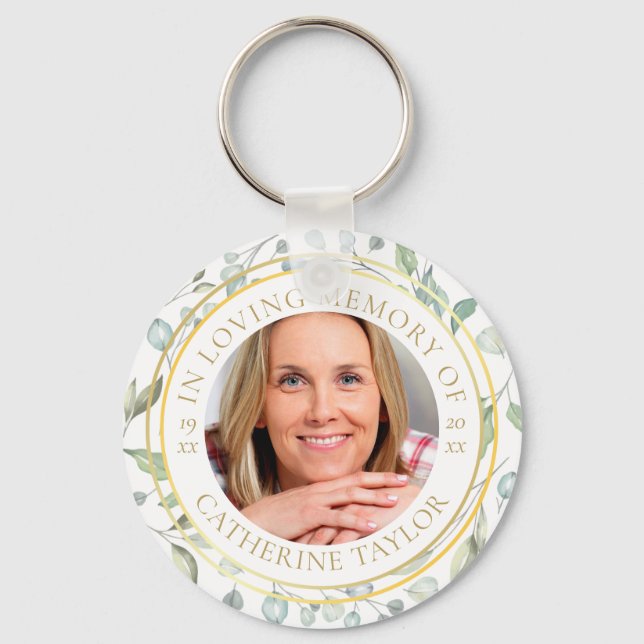 In Loving Memory Greenery Floral Photo Key Ring (Front)