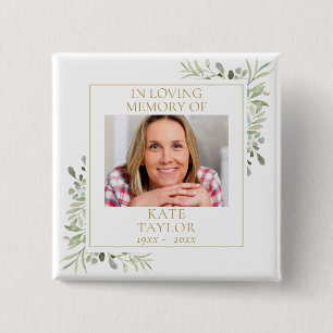 In Loving Memory Greenery Funeral Photo 15 Cm Square Badge
