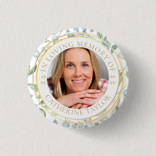 In Loving Memory Greenery Photo Funeral Button