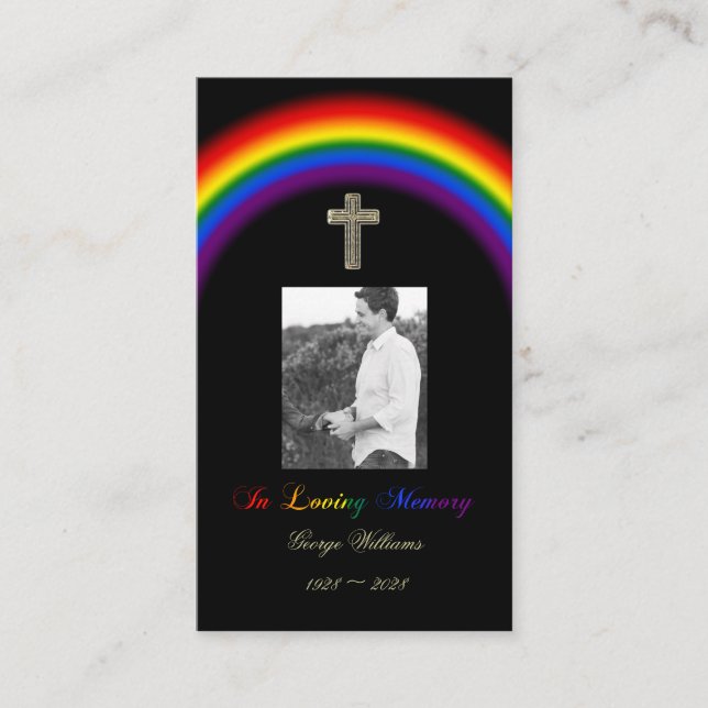 In Loving Memory LGBT Pride Rainbow Cross Photo Business Card (Front)
