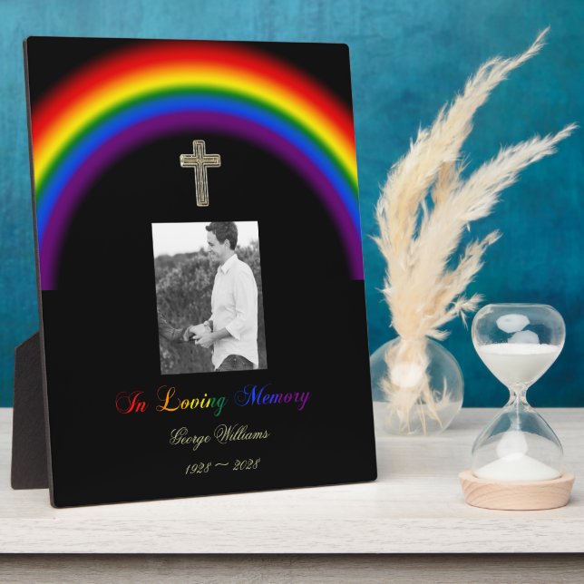 In Loving Memory LGBT Pride Rainbow Cross Photo Plaque (Side)