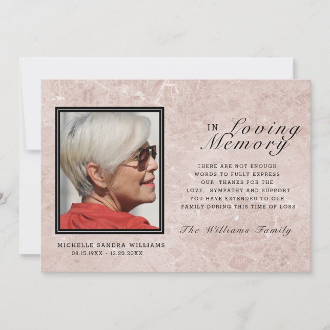 In loving memory | Marble Pink Memorial Photo Card (Front)