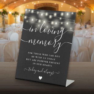 In Loving Memory Memorial Black White String Light Pedestal Sign