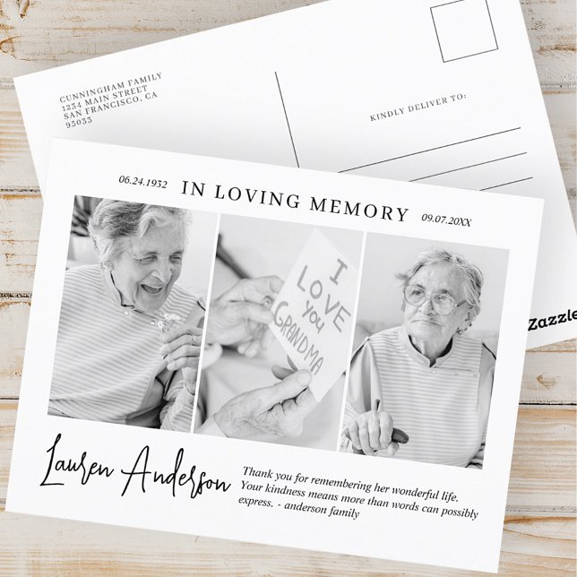 In Loving Memory Memorial Modern Simple 3 Photo Postcard (Creator Uploaded)