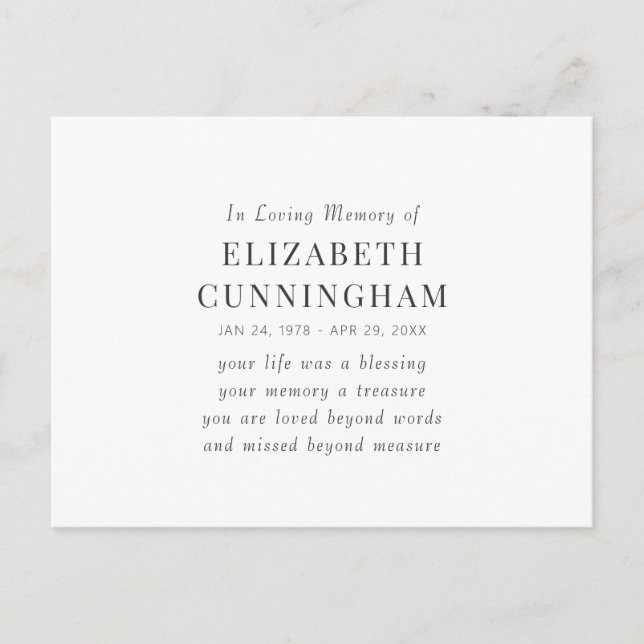 In Loving Memory Memorial Modern Simple Quote Postcard (Front)