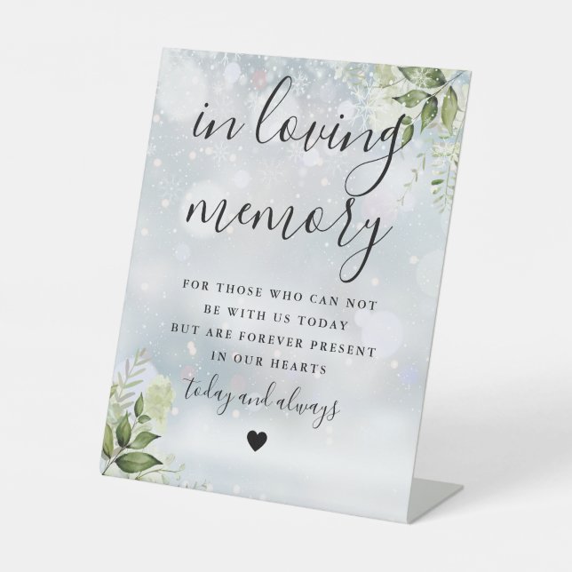 In Loving Memory Memorial Winter Greenery Wedding Pedestal Sign (Front)