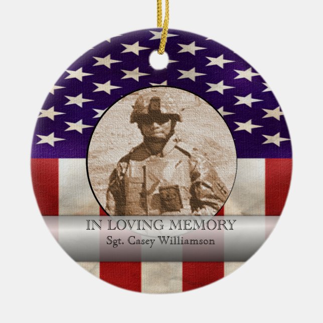 In Loving Memory Military Photo Personalised Ceramic Tree Decoration (Front)