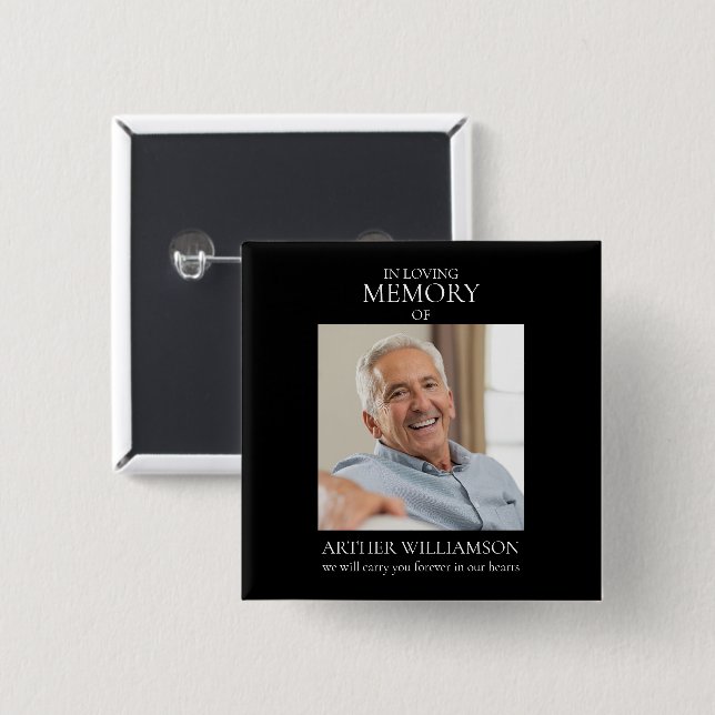 In loving memory  minimal stylish photo keepsake  15 cm square badge (Front & Back)