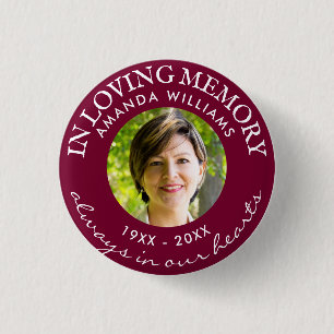In Loving Memory Modern Burgundy Photo Memorial 3 Cm Round Badge