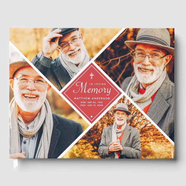 In Loving Memory Modern Cross Multi Photo Guest Book (Front)