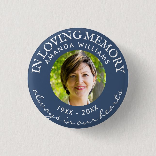 In Loving Memory Modern Navy Blue Photo Memorial 3 Cm Round Badge (Front)