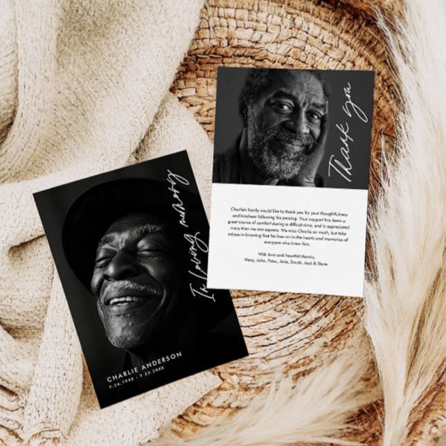 In Loving Memory Modern Script 2-Photo Funeral Thank You Card (Creator Uploaded)