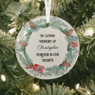 In Loving Memory Name Forever in Heart Pine Wreath Glass Tree Decoration