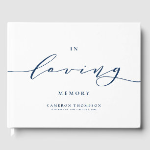 In Loving Memory Navy Blue Dainty Script Funeral Guest Book