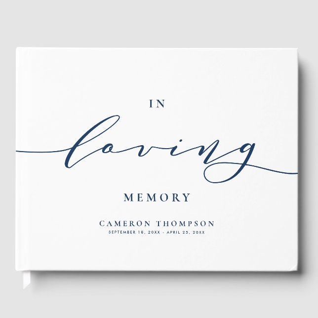 In Loving Memory Navy Blue Dainty Script Funeral Guest Book (Front)