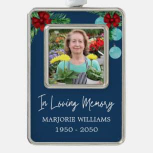 In Loving Memory Navy Blue Red Bows Custom Photo Silver Plated Framed Ornament