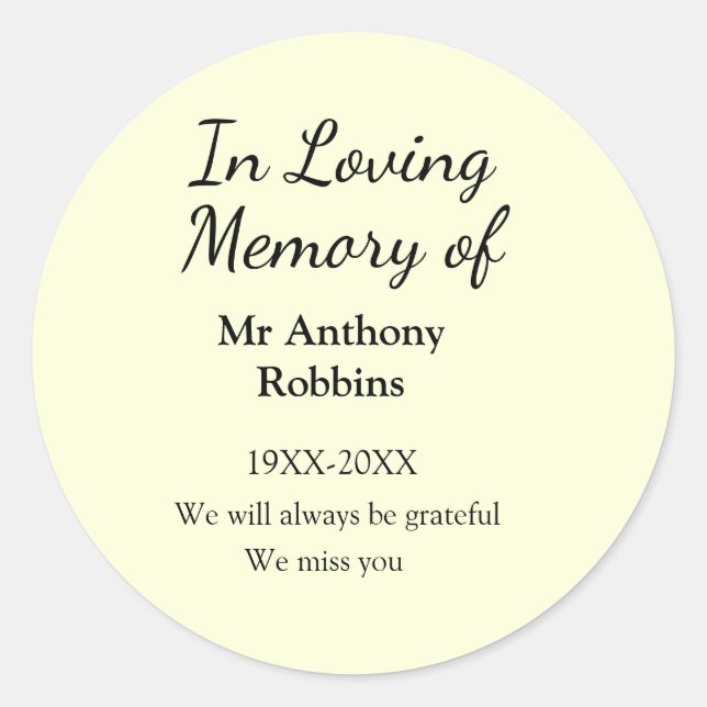 In Loving memory of name funeral memory keepsake Classic Round Sticker (Front)